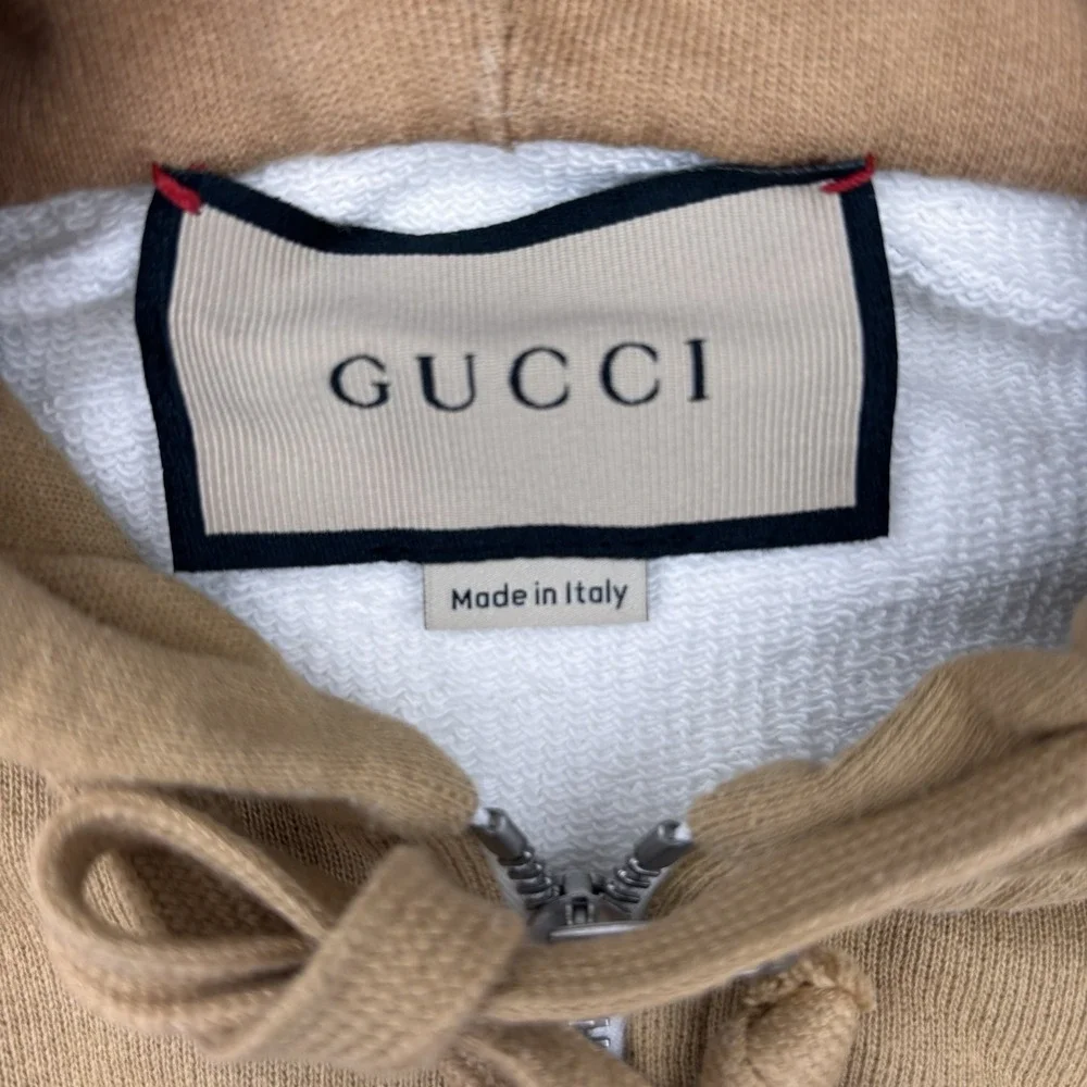 Gucci Web Stripe Zip Up Hoodie Mens Large Beige Off White Cotton Italy Authentic